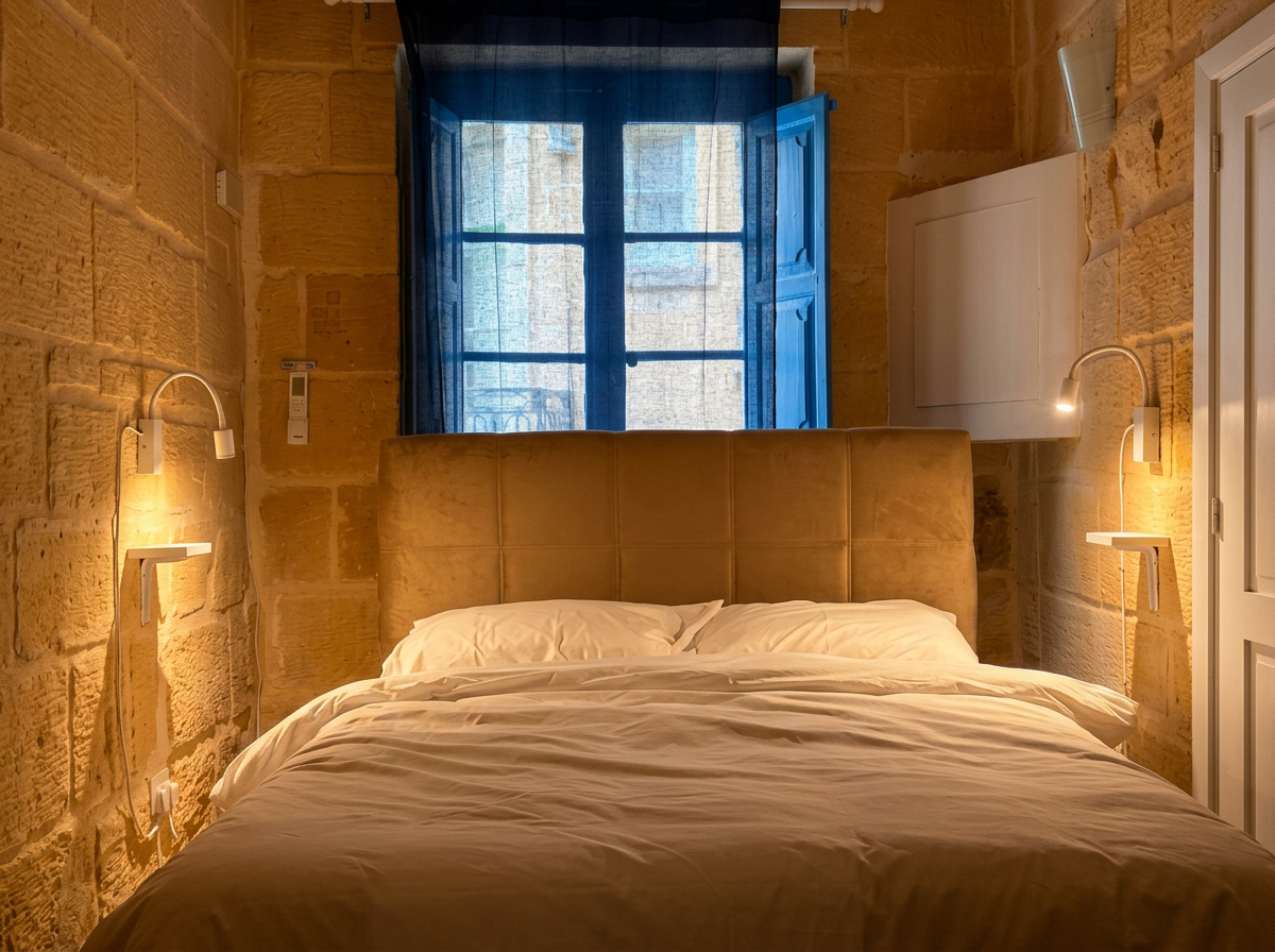 Warm limestone bedroom with blue Maltese shutters and soft bedside lighting