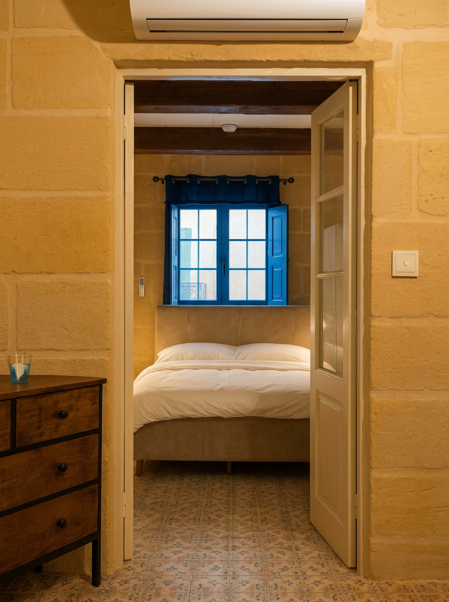 View through limestone doorway into a cozy bedroom with blue shutters