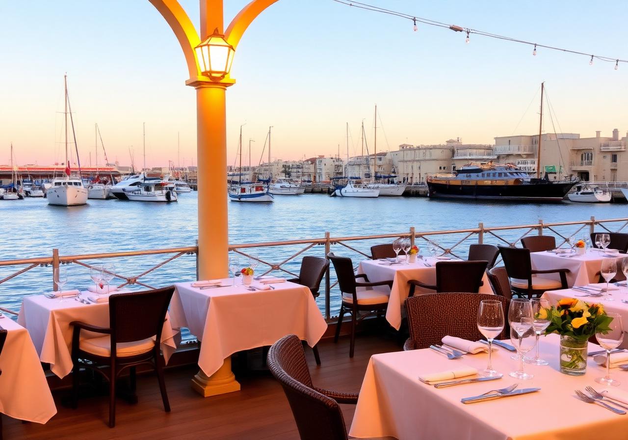 Maltese harbourside restaurant terrace at golden hour