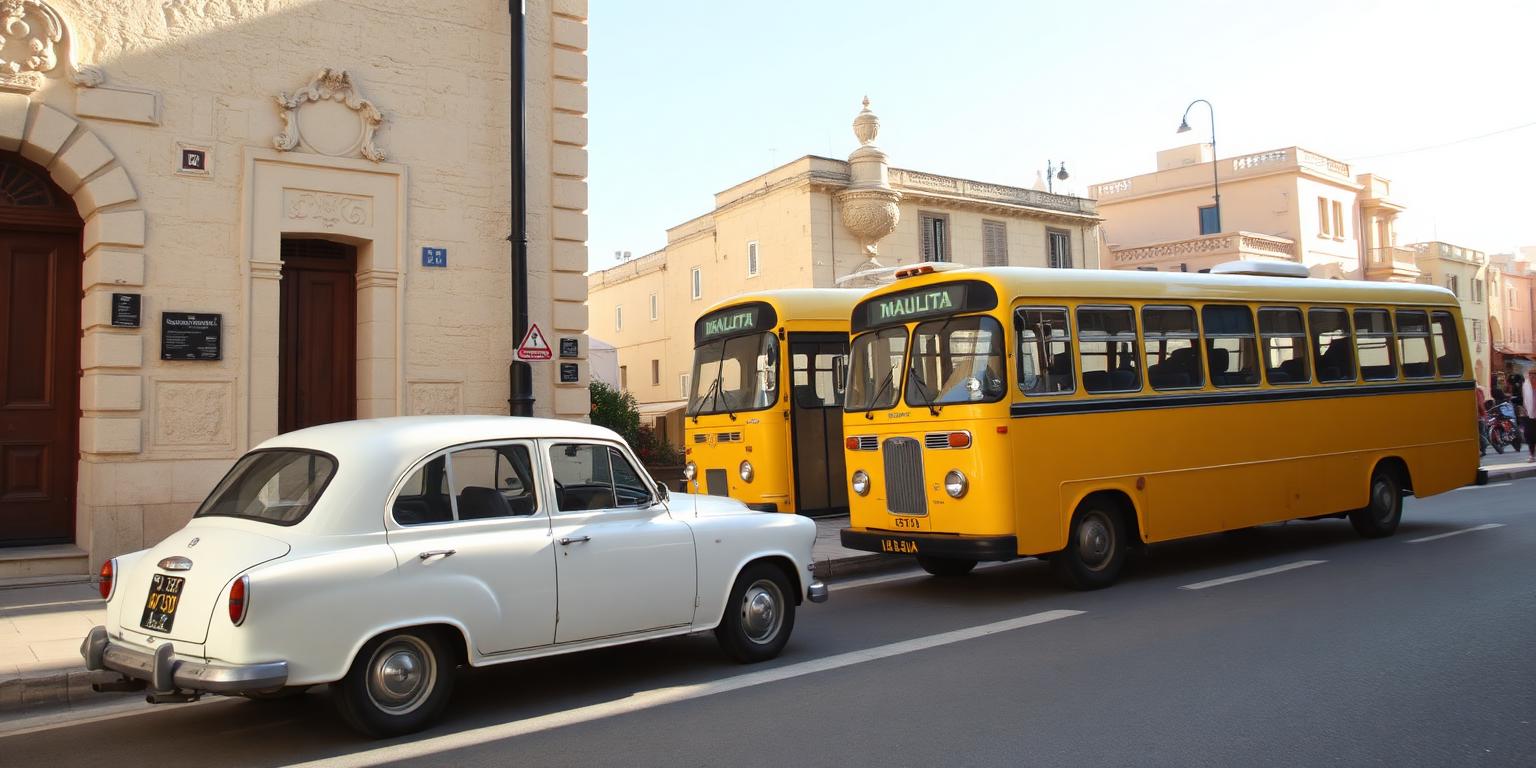 Traditional Maltese taxi and yellow Malta bus on a Cospicua street