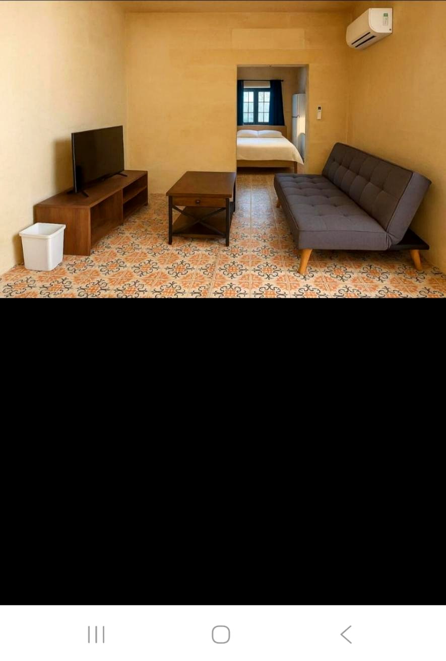 Spacious living area with sofa, TV and connected bedroom over patterned Maltese tiles